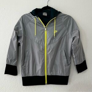 Nike‎ Gray Hooded Zip Up Bomber Jacket 3/4 Sleeves Yellow & Black Accent  Medium